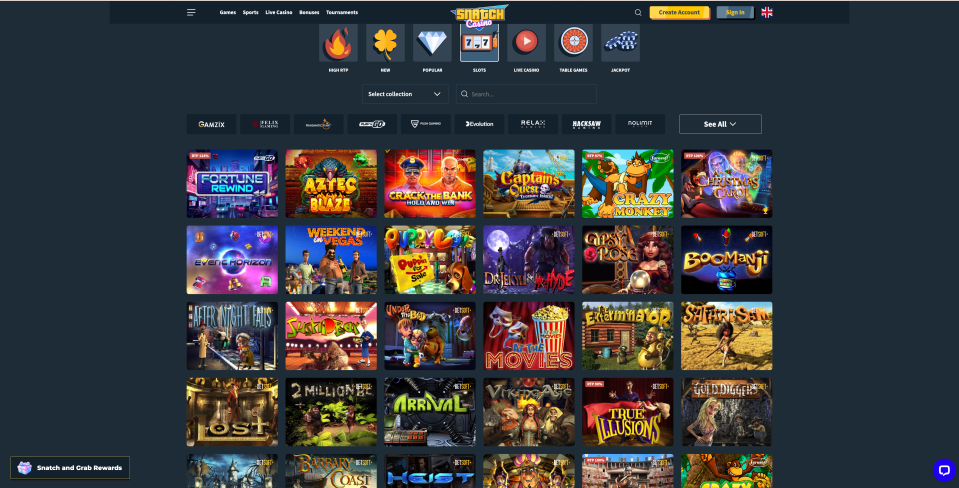 Spielübersicht in Snatch Casino mit beliebten Titeln, Filtern und kontrastreicher Navigation