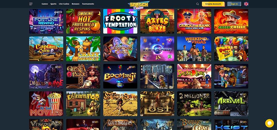 Snatch Casino Spielautomaten-Bereich mit leuchtenden Farben und dichter Spieleauswahl