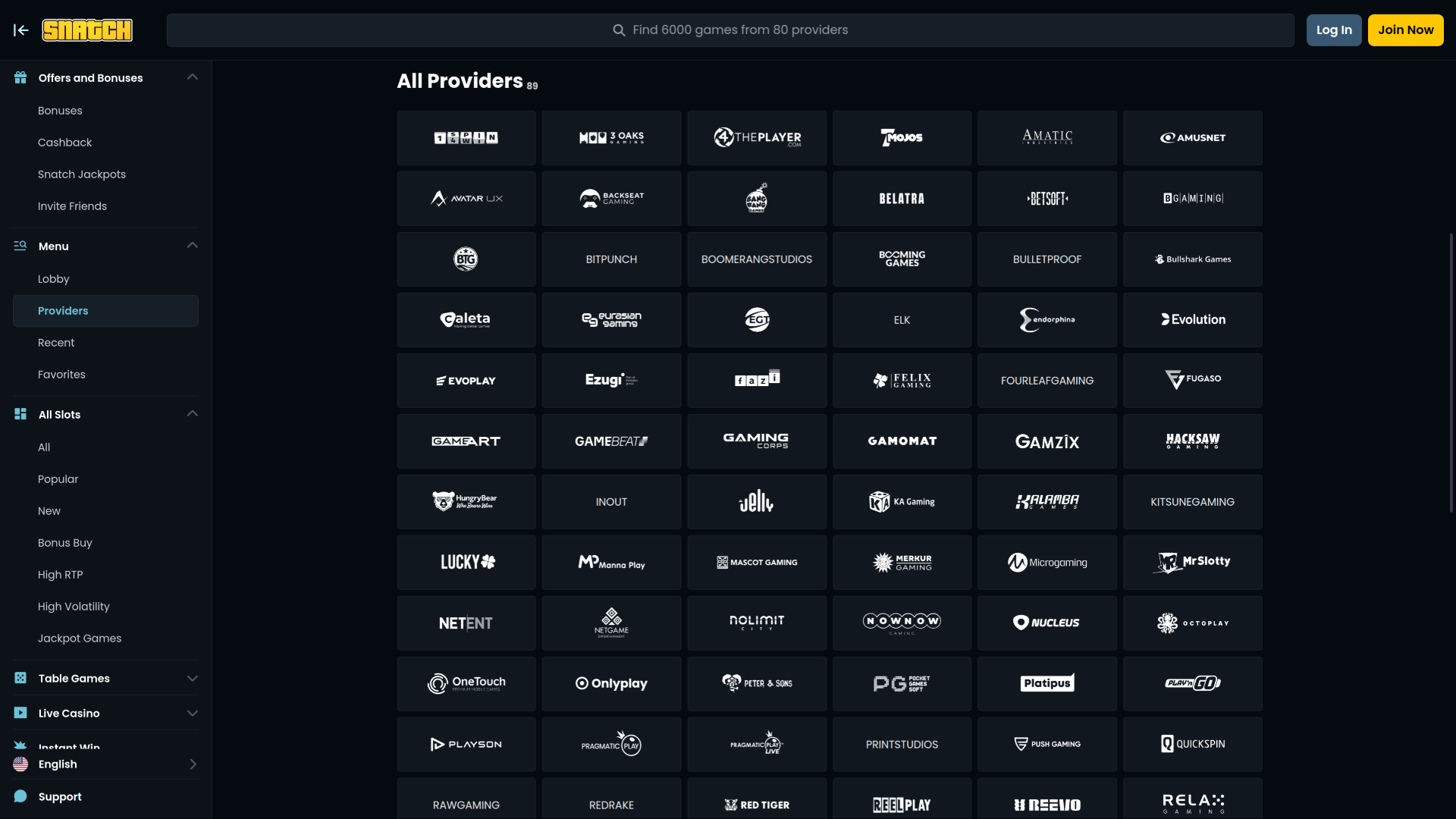 Snatch Casino Provider-Bereich mit Logos bekannter Spielestudios